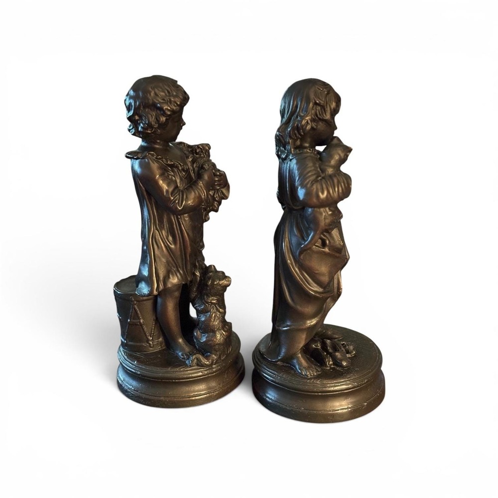 Vintage Pair Bronze Finish Children Figurines Family Cares Boy Girl Statues - Picture 6 of 11